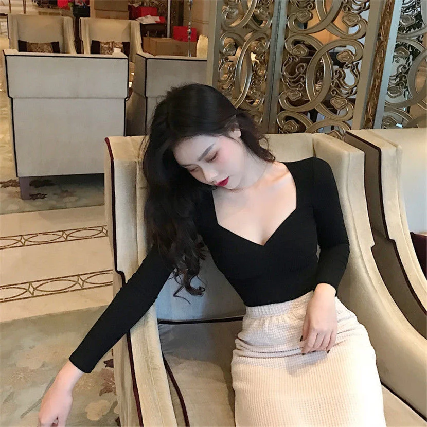 Топ женский с квадратным вырезом пикантная футболка длинным рукавом и V-образным