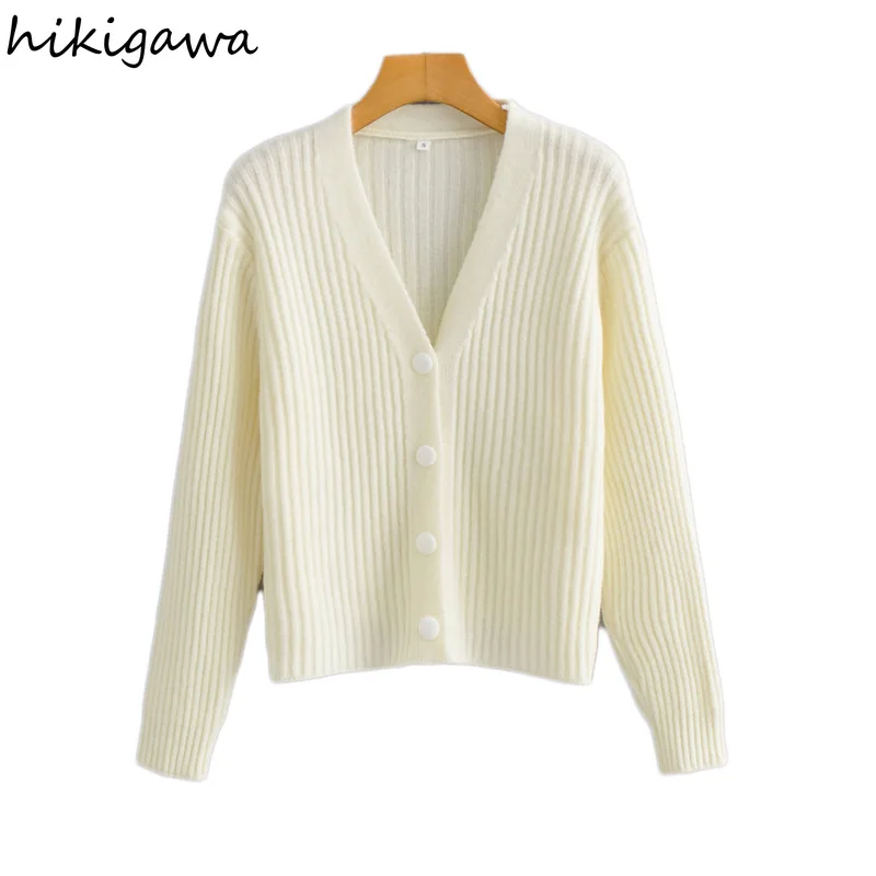 

Hikigawa Women's Sweaters Loose All-match V Neck Knitwear Cardigan Spring Outerwear Elegant Long Sleeve Sweaters Jackets
