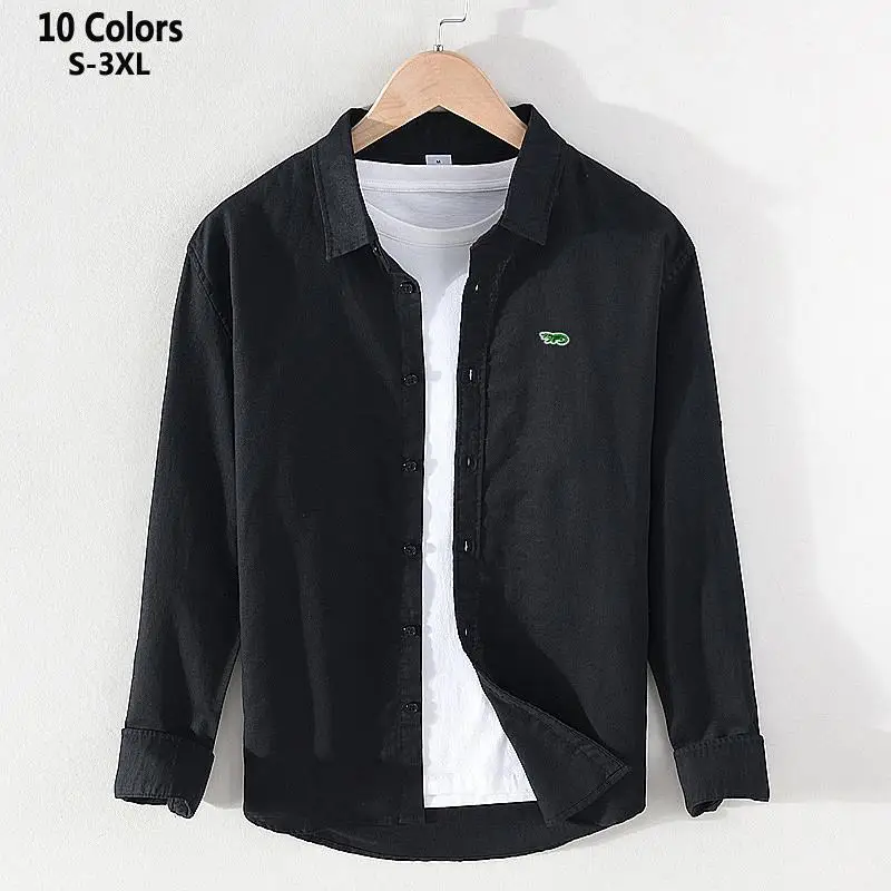 Рубашка мужская с вышивкой и логотипом брендовая Повседневная льняная хлопковая