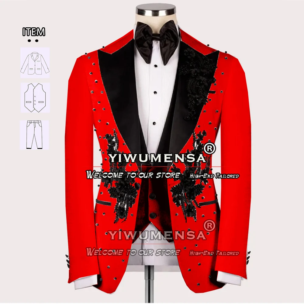 For Men Black Pearls Appliques Blazer Tailor-made 3 Pieces Formal Groom Wear Tuxedo Traje De Novio Para Boda