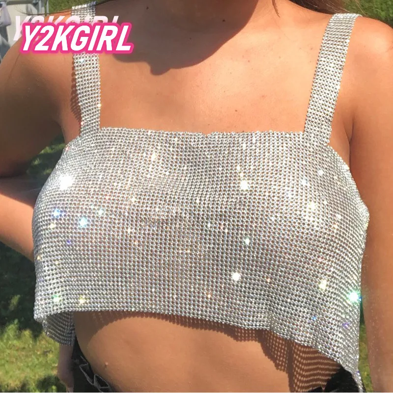 

Y2KGIRL, блестящие кроп-топы с цепочкой и кристаллами, женская сексуальная Серебристая Клубная одежда, летняя модная футболка без рукавов, майк...