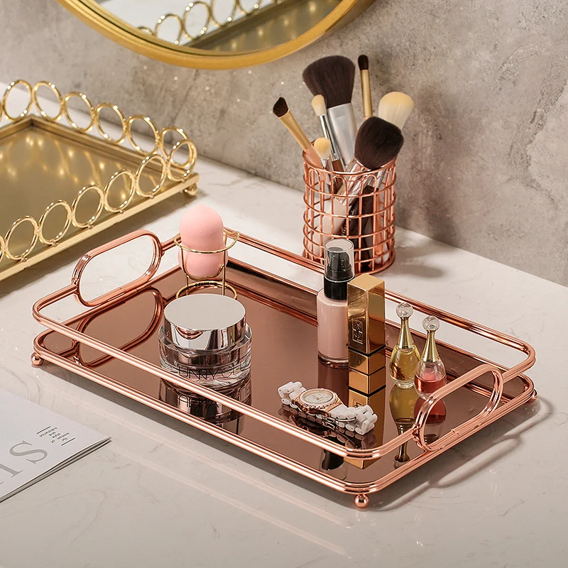 

Nordic Minimalist Glass Storage Tray Cosmetic Jewelry Tray Desktop Metal Mirror Afternoon Tea Dessert Tray Desktop Decoration