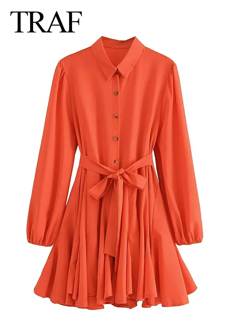 

Удобное повседневное свободное однобортное женское платье TRAF с поясом и поясом, повседневное Оранжевое Женское платье с длинным рукавом