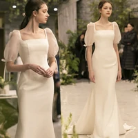 on zhu elegant simple slim square neck satin korean vintage bubble short sleeve sweep train wedding gown vestidos de novia