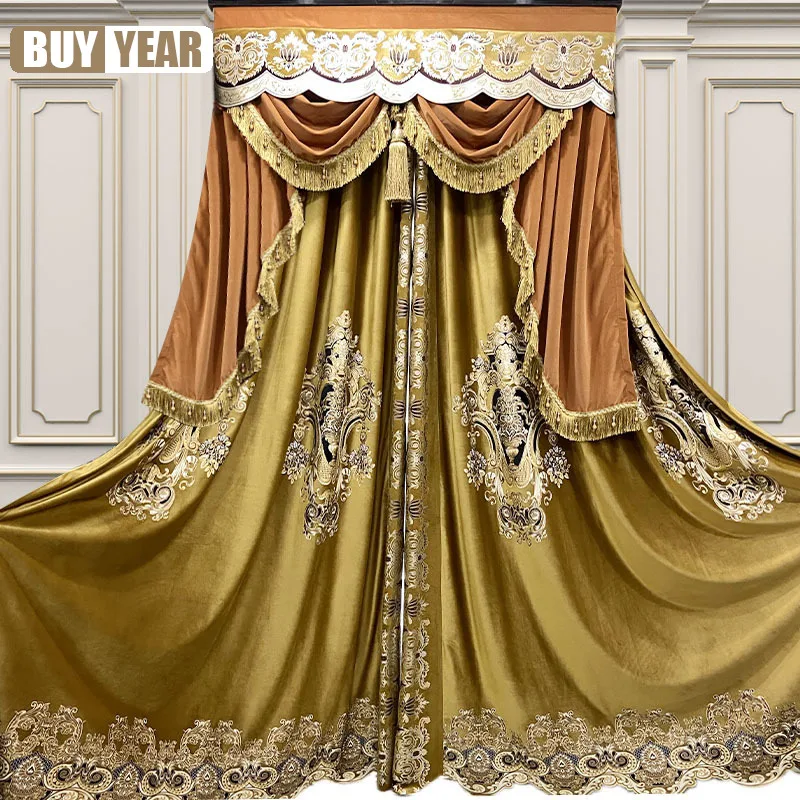 

European luxury atmosphere living room golden curtain camel hair high grade bedroom shade villa curtain