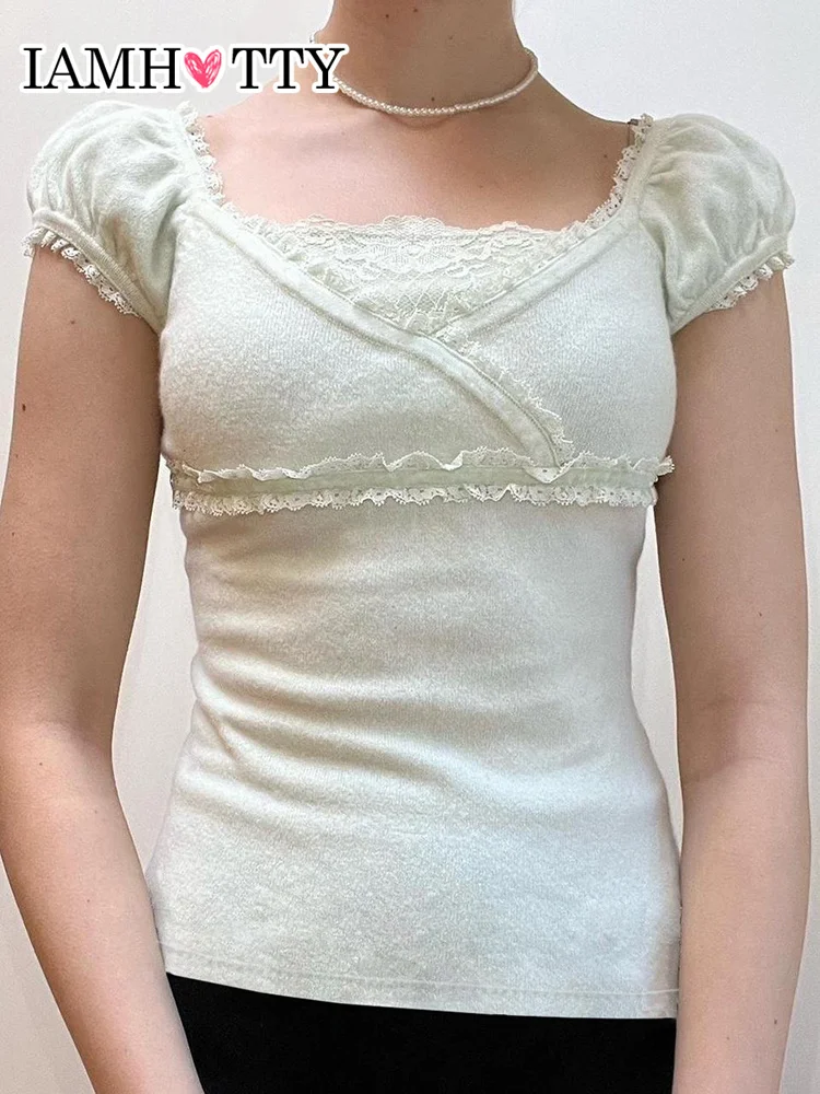 

IAMHOTTY Sweet Casual Basics T-shirts White Puff Short Sleeve Top Summer 2023 Y2K Aesthetic Solid Pullovers Fairycore Cotton Tee