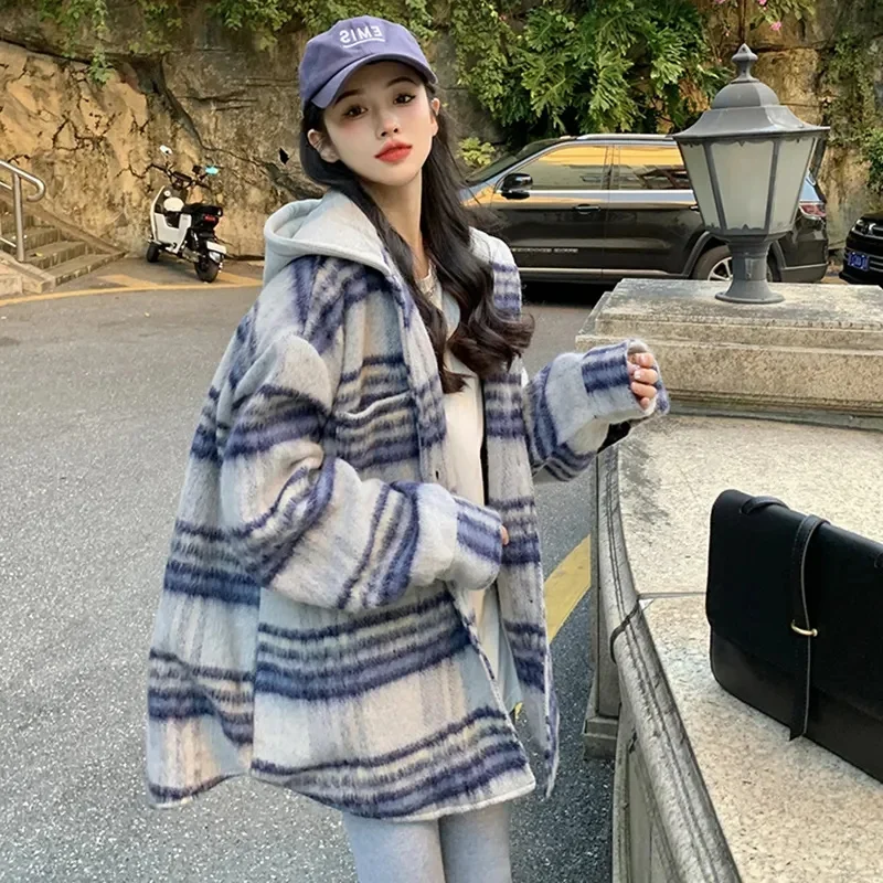 

Checkered Hooded Woolen Jacket for Women Spring Autumn 2023 New Japanese Korean Version Loose Fitting Casual Lazy Style Top For