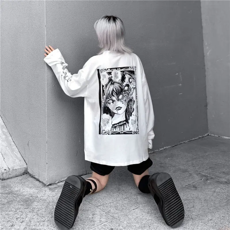 Long Sleeve Horror Manga T Shirt for Men Women Harajuku Fairy Grunge Tshirt Graphic Tee Korean Clothes Junji Ito Clothing Tops | Женская