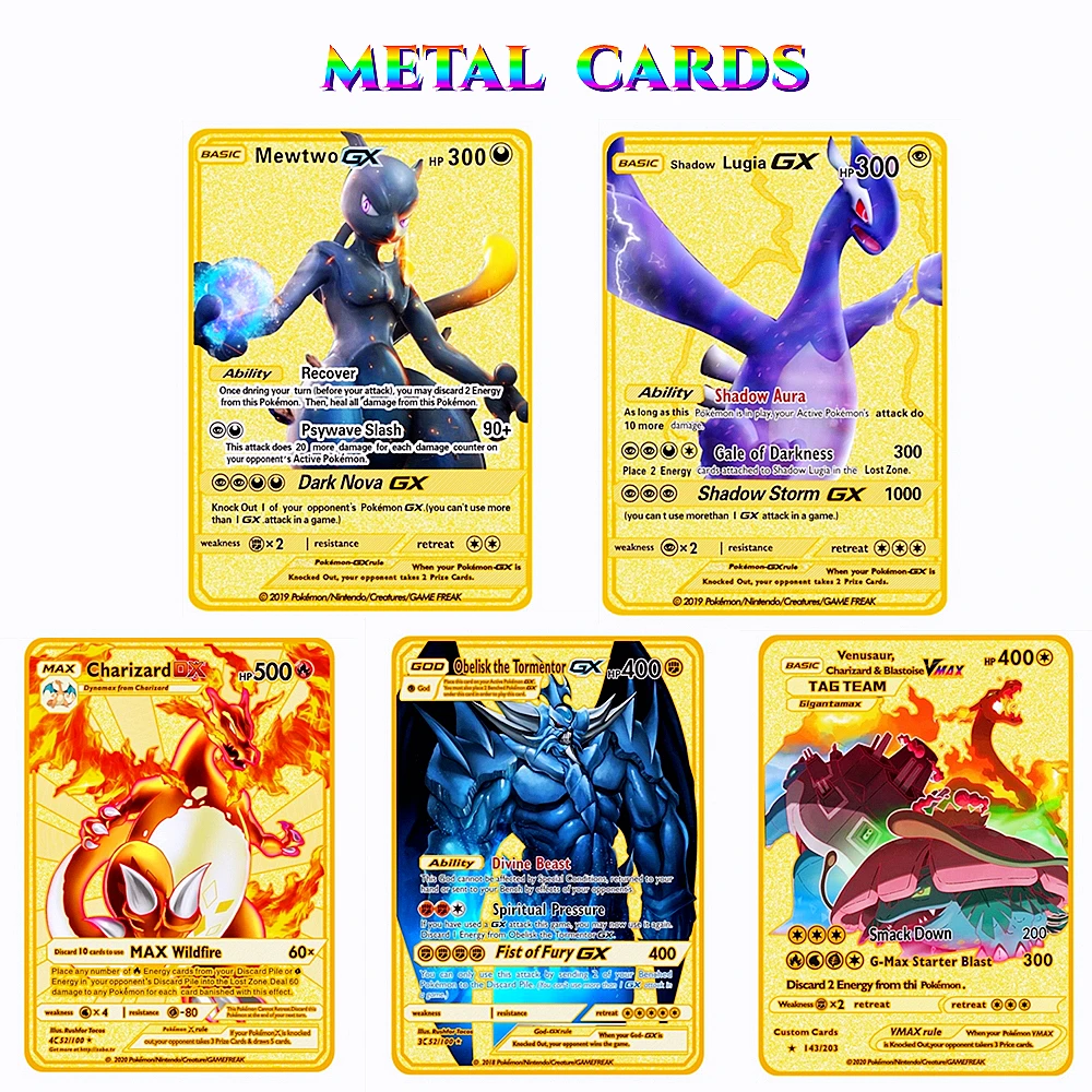 

Pokemon Cards Golden Metal Card Charizard Mewtwo Pikachu Vmax GX Animal Cartas Pokemon Metal Cards Iron Shiny Card Toys for Kids