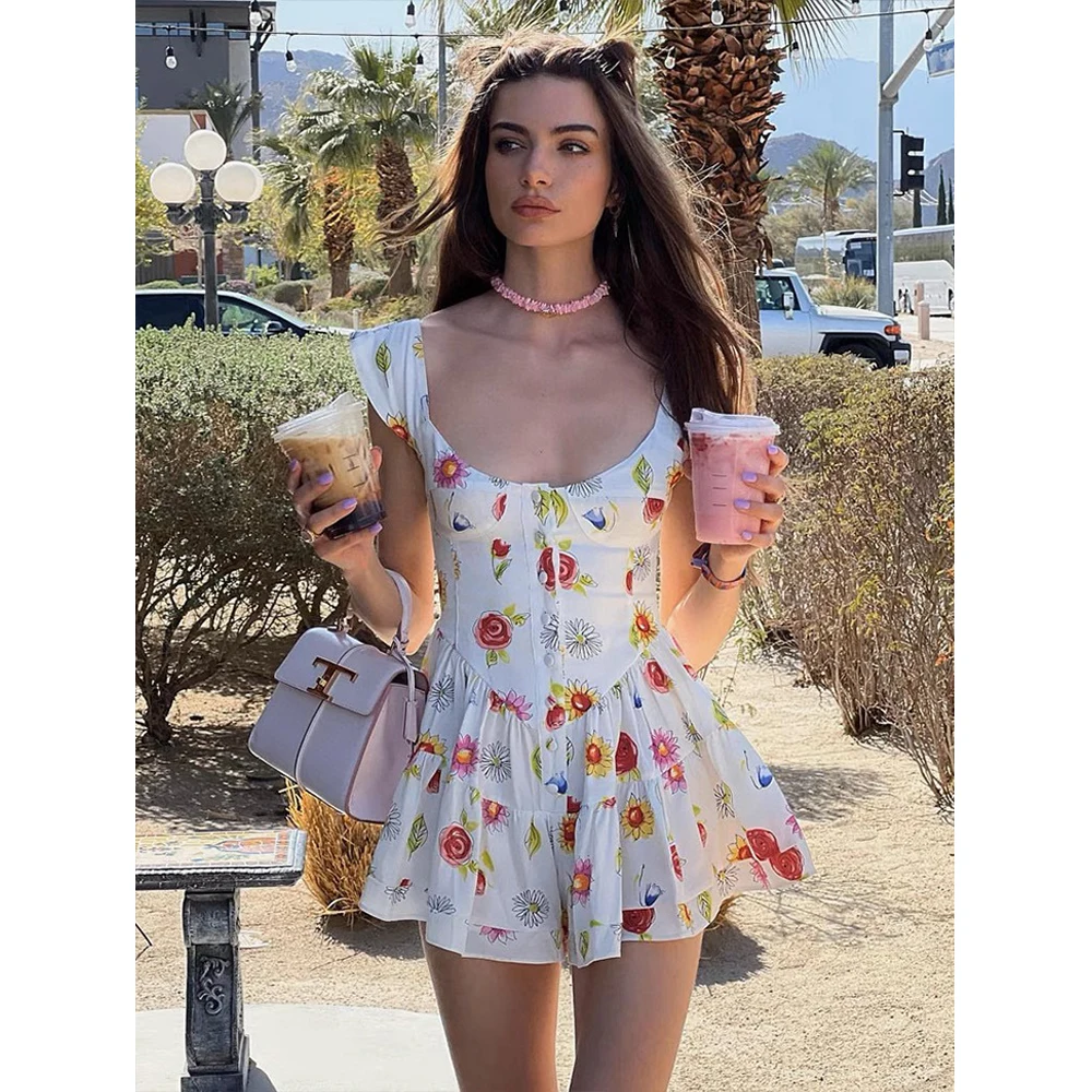 

Женское Плиссированное мини-платье с U-образным вырезом и цветочным принтом, весна-лето 2023