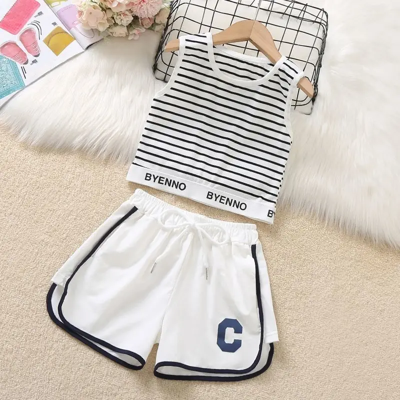 

4-15Y Girls Tank Top Set Summer Thin Children's Stripe Sleeveless T-shirt Shorts 2 Piece Set Little Girls' Sports Strap Top