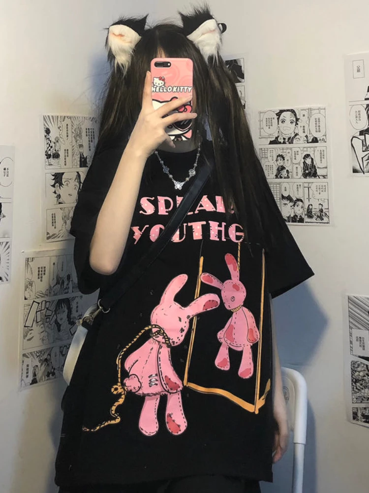 

Deeptown Gothic Graphic Print T Shirts Women Harajuku Kawaii Oversize Black Tops Anime Cartoon Loose Short Sleeve Tees Emo Y2K