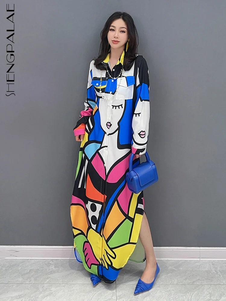 

SHENGPALAE Korean Fashion Colorful Lapel Dress Casual Loose Long Sleeved Split Robe Vestido Women 2023 Summer New Clothing R2736