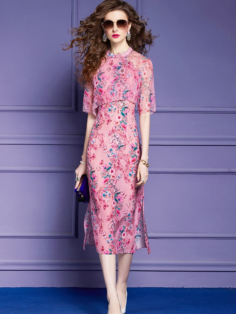 

Элегантные розовые шифоновые миди-Платья с цветочным принтом для женщин, женское дизайнерское праздничное платье с коротким рукавом в стиле бохо, праздничные халаты, 2023