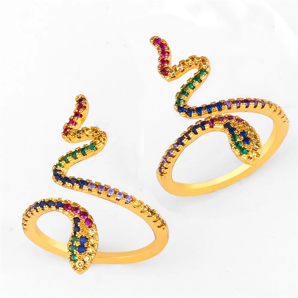 

Open Rainbow Snake Ring Gold Pave Rainbow 4A Cubic Zircon Ring Woman 18k Gold Jewelry