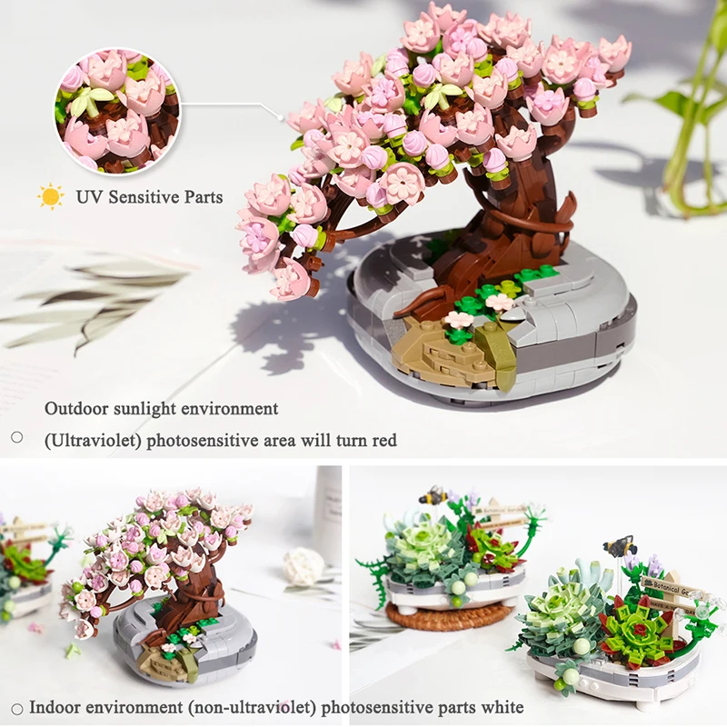 

New Cherry Tree Model Mini Building Blocks Succulent Potted Flower Plant Ornaments DIY Assembled Bricks Children's Toy Gift