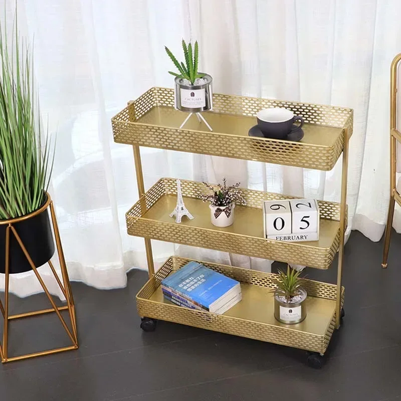 Золотистая железная 3-уровневая корзина для хранения с колесиками полка дома