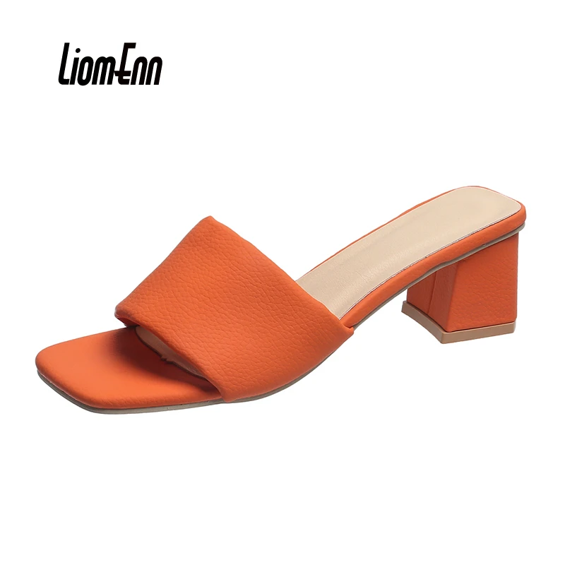 

Trend Heels Slippers Women 2022 New Summer Women Slippers Square Toe Orange Sandals Female Outdoor Casual Dress Shoes Size 35-42