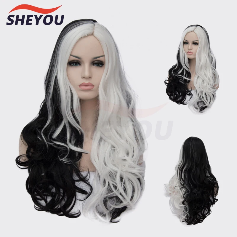 

CRUELLA de Vil Black & White 75cm Long Curly Hair for Deville Heat Resistant Cosplay Costume Wigs + Wig Cap