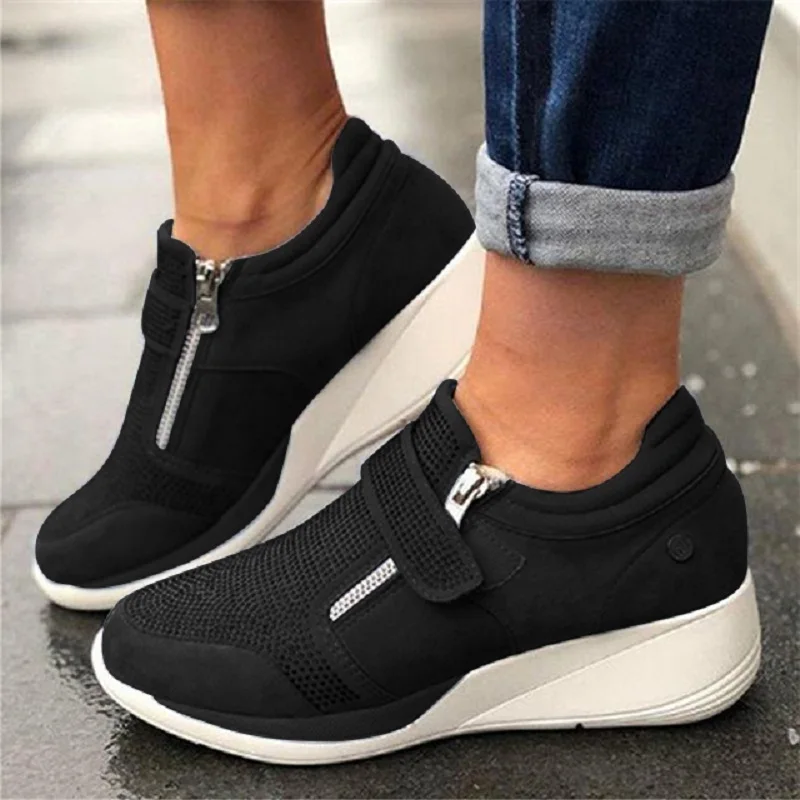 Women's Shoes Sneakers Wedges Shoes Zipper Platform Trainers Women Shoes Casual Lace-Up Ladies Outdoor Walking Comfortable Mujer