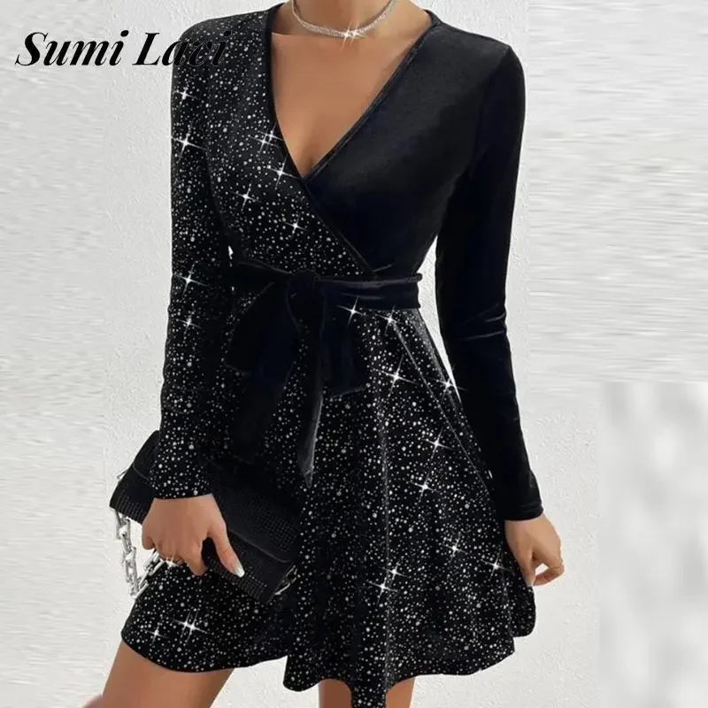

Новинка 2023, сексуальное мини-платье с V-образным вырезом и длинным рукавом, модное женское платье в стиле пэчворк с поясом на спине, элегантн...