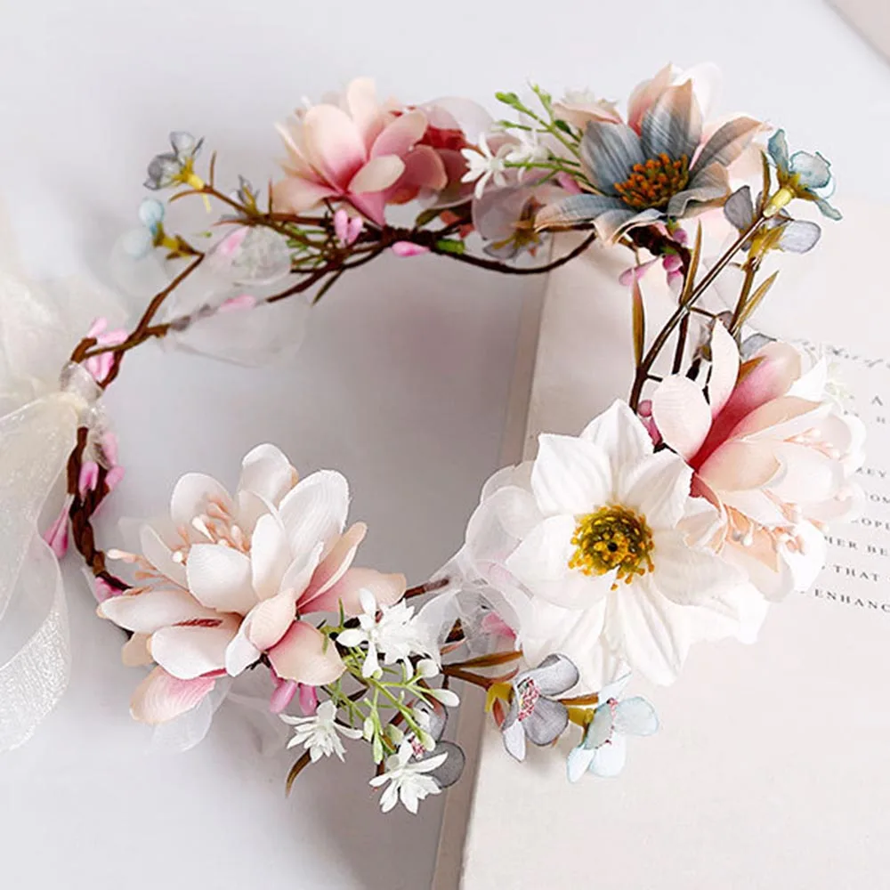 

Summer Hair Accessories Flower Crown Bride Wedding Headbands Ribbon Hairbands Women Girls Beach Headdress Boho Style Jewelry