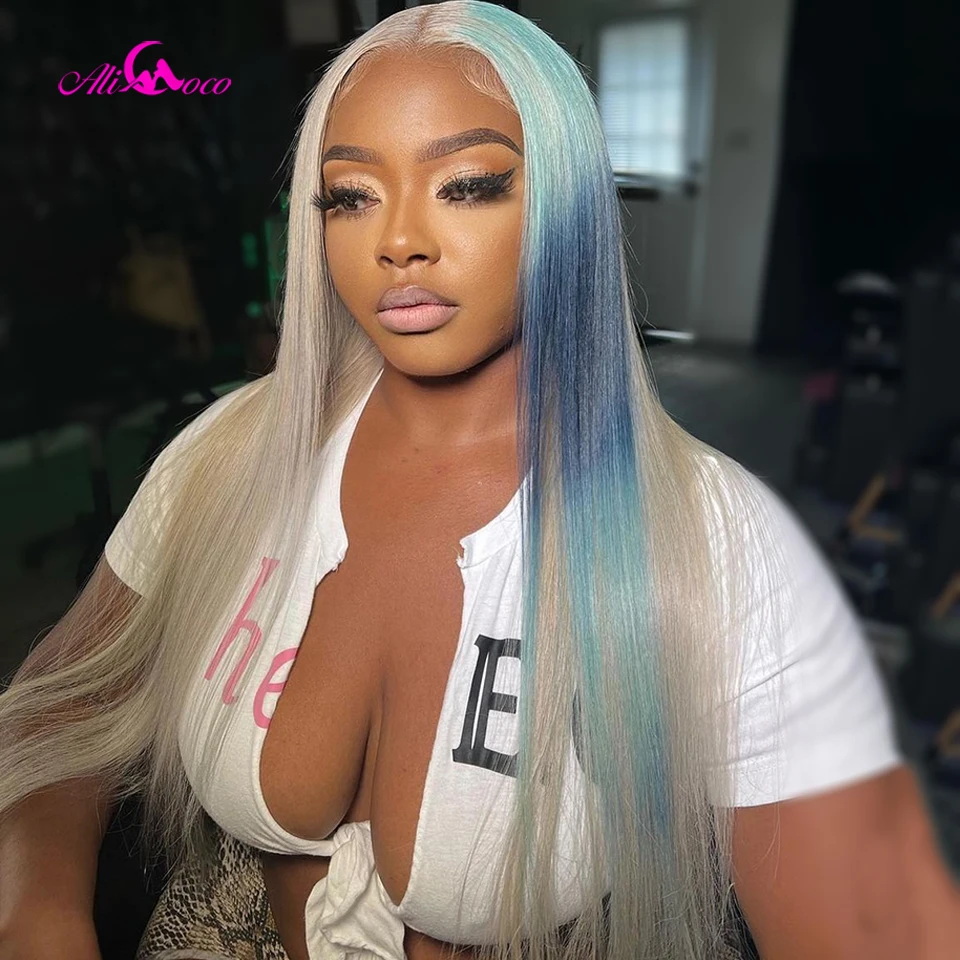 

Colored Grey Blue Straight Wig For Black Women Human Hair Wigs 4X4 Lace Closure Wig Brazilian Straight Remy Wig Ali Coco