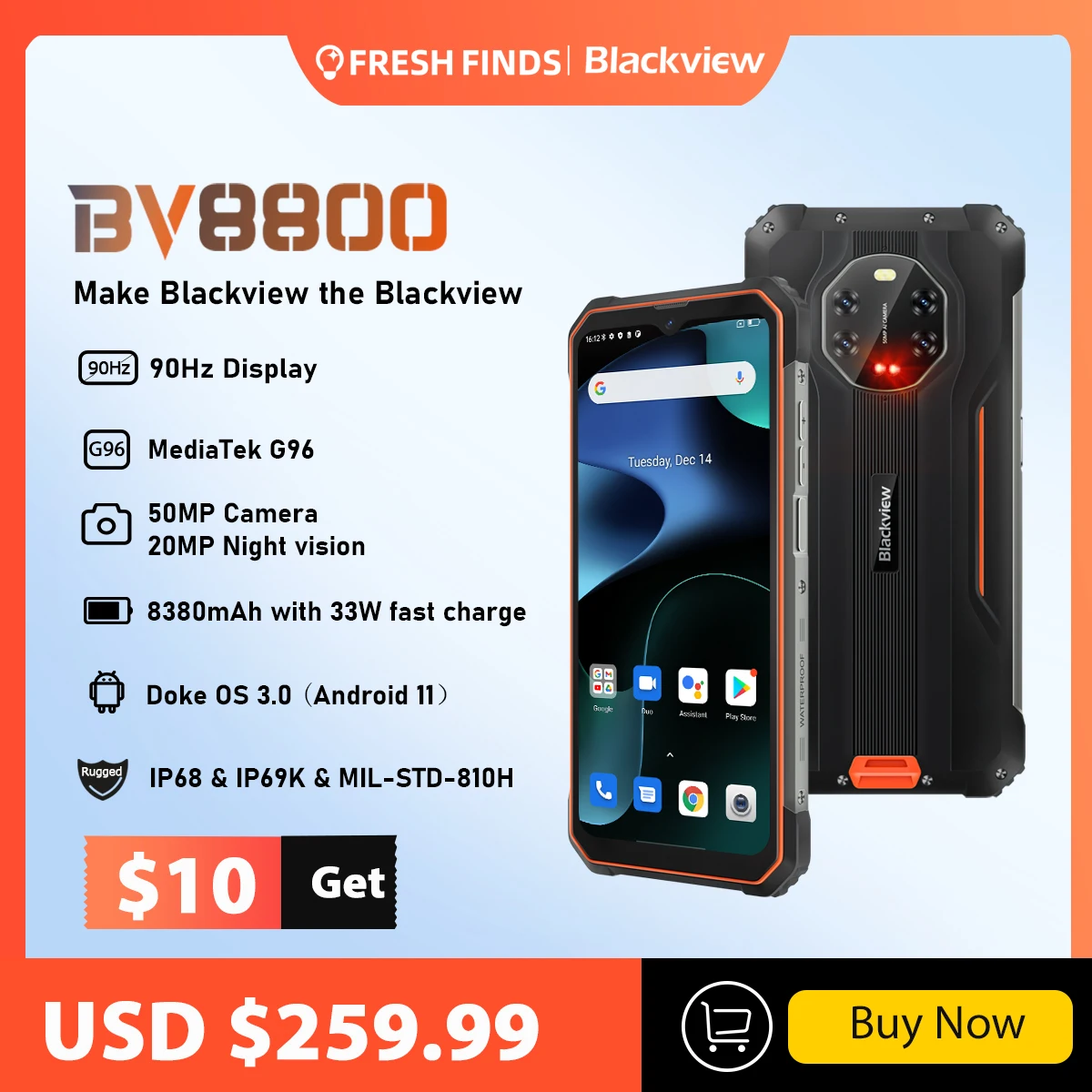 [In Stock] BLACKVIEW BV8800 Rugged Smartphone 90Hz Display 8GB+128GB Helio G96 8380mAh 50MP Camera Mobile Phone Global Version