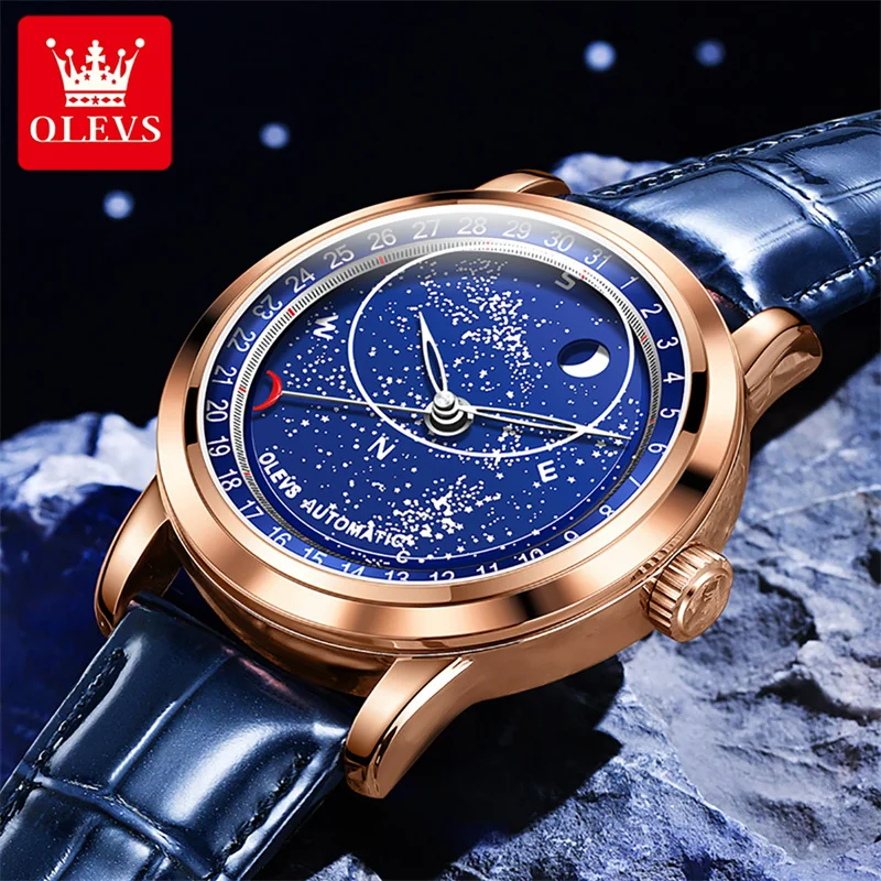 OLEVS Fashion Luminous Starry Dial Men Sport Watch Automatic Mechanical Watches Casual Leather Man Business Male Rose Gold Clock