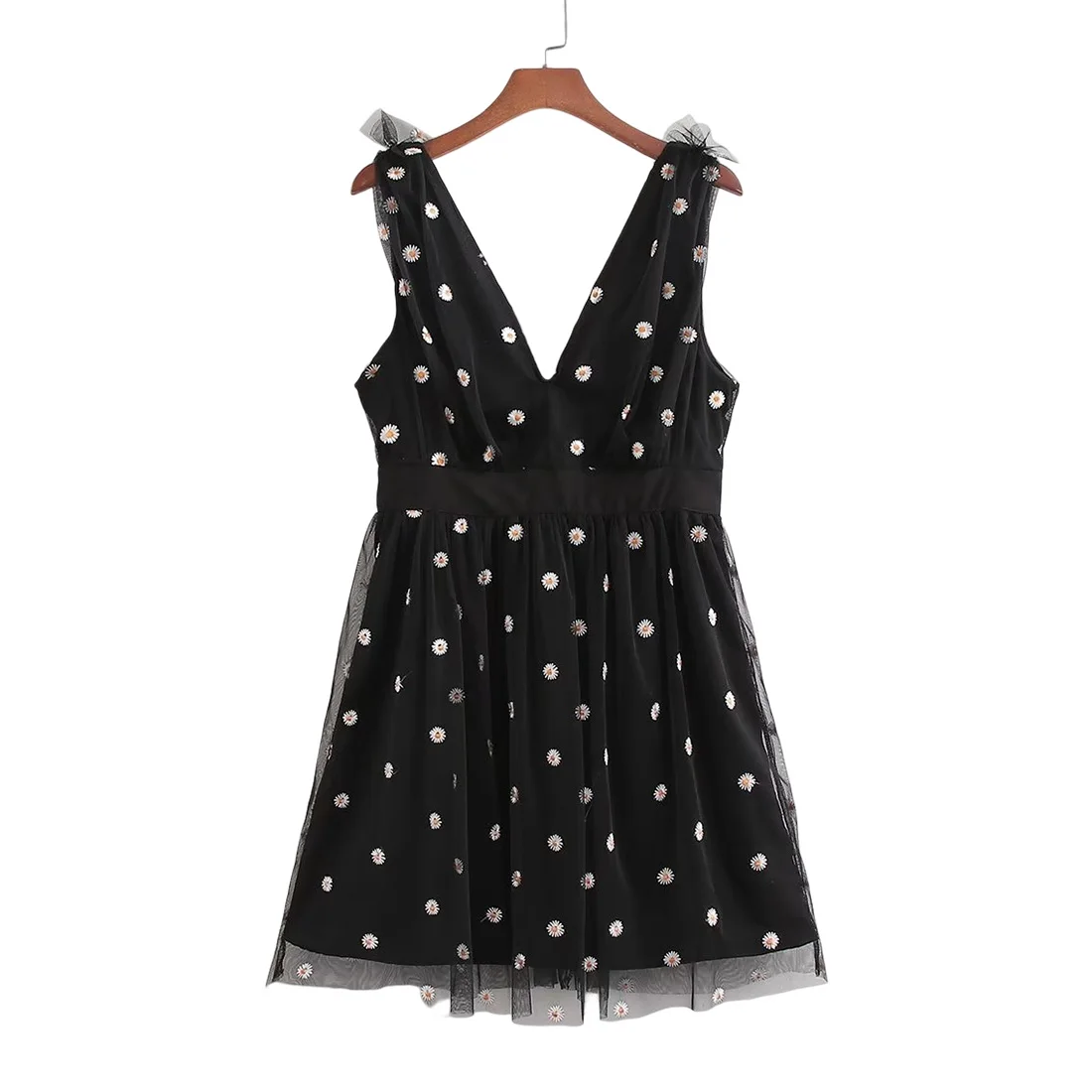 

HDIMM Fashion Embroidery Women's Dresses 2023 Summer Sleeveless V-Neck Mini Dresses Ladies Chic Casual Flower Black Short Dress