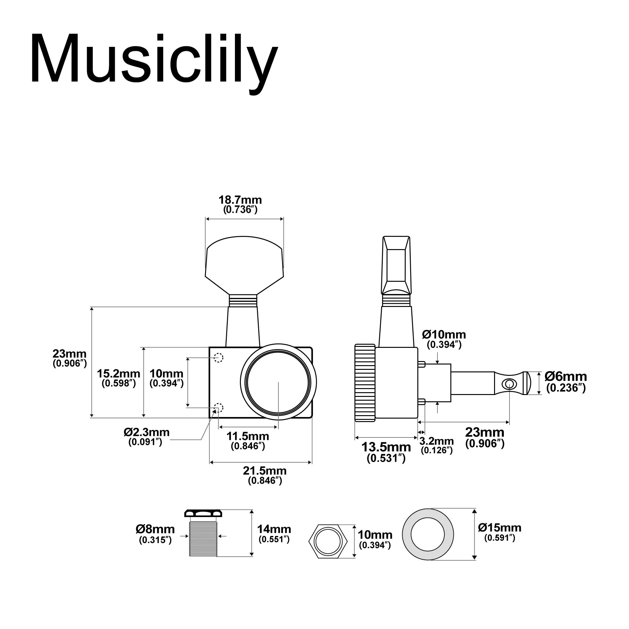 Фото Musiclily Pro R15T 6-штырьковые 2-пиновые фиксируемые колки для гитары, набор колков для гитар Fender ST Tele Style №2