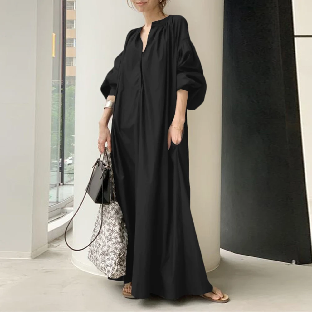 Женское свободное платье-рубашка с рукавами-фонариками, повседневное черное платье-рубашка большого размера с V-образным вырезом и свободн...