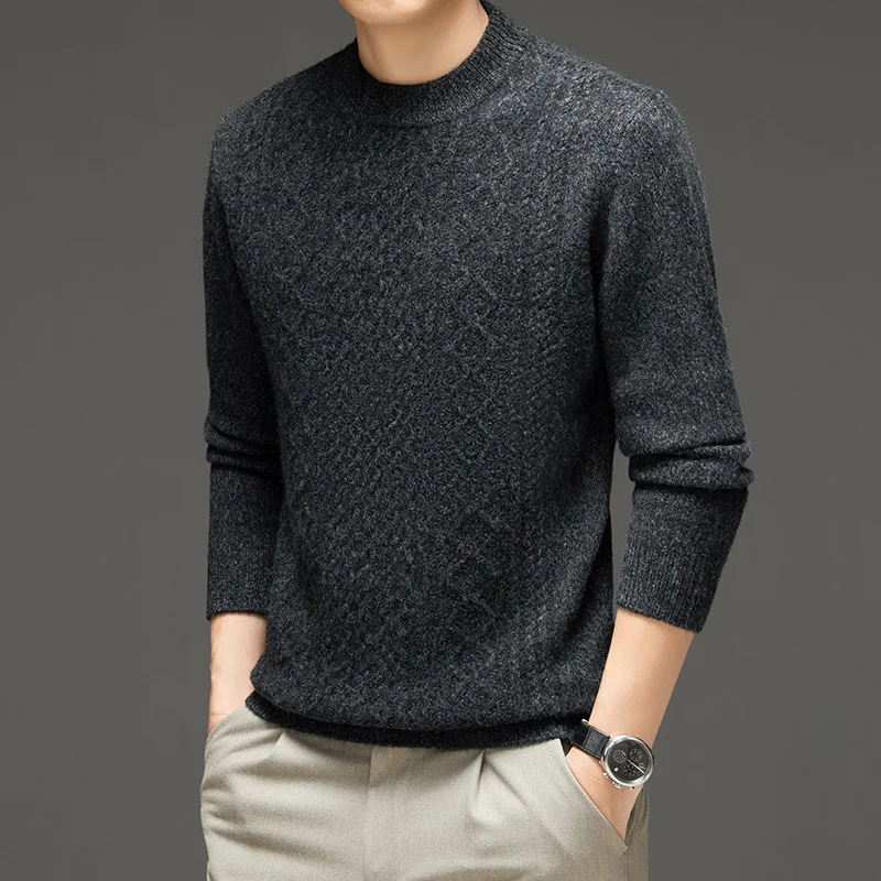Autumn And Winter New Men's Half-High-Necked Thick 100% Pure Wool Sweater Jacquard Long-Sleeved Business Warm Bottoming Shirt.