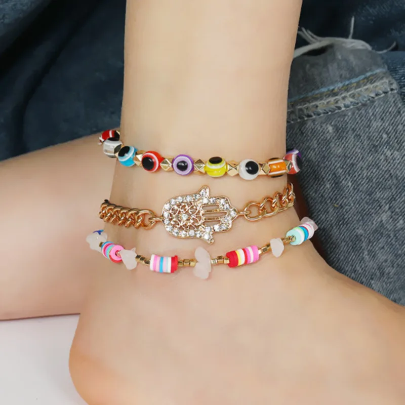 

Boho Beed Foot Anklet Bracelet For Women Jewelry 3piece/set 2022 Summer Beach Hand Charms Eye Rehinstone Leg Foot Chian