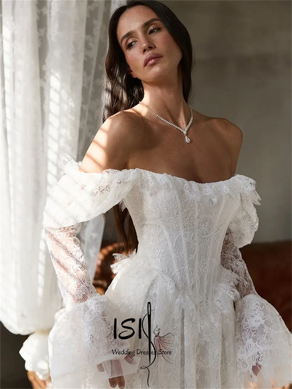 Фото Изысканное свадебное платье ISI с открытыми плечами, без бретелек, кружевное, А-силуэт, с длинными рукавами, Vestido De Noival, на заказ №2
