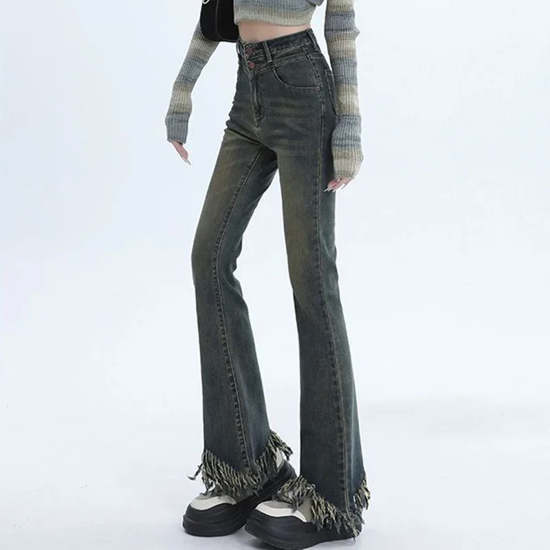 Женские эластичные уличные расклешенные джинсы с высокой талией женские