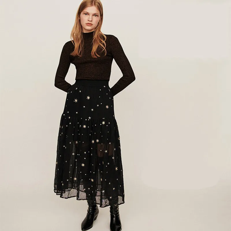 Fashion Woman Skirts Brand Embroidery Pattern Skirts Casual Spring Summer Skirts Black Voile Lace Skirts Long Skirts for Women