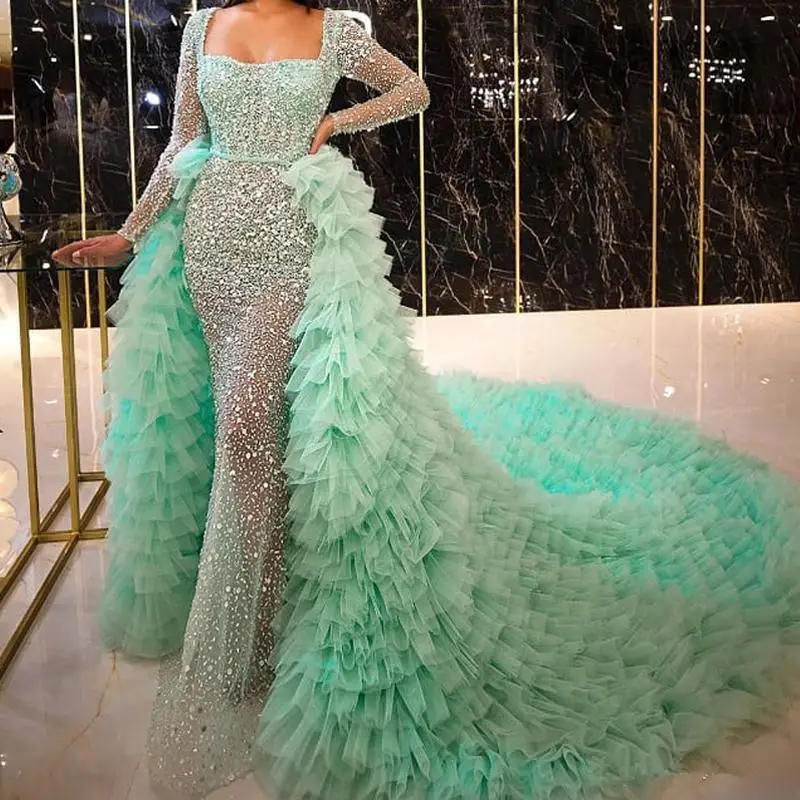 

Mint Green Sequined Mermaid Prom Dresses With Tiered Tulle Long Train Square Neckline Long Sleeves Evening Gowns Party Dress