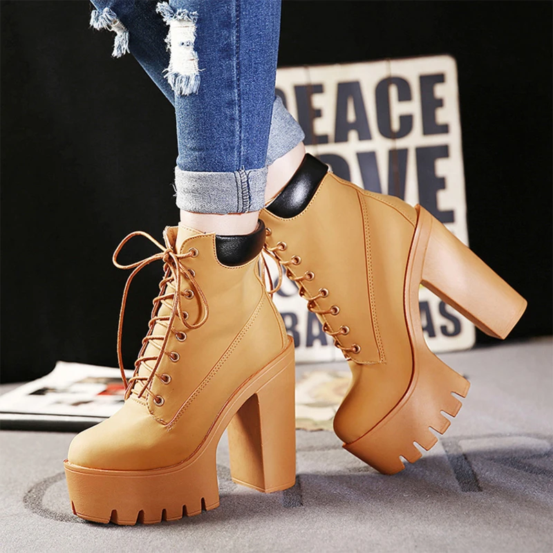 

2022 high chunky heel ankle boot lady nightclub bar dancing shoes lace-up tarp Martin boots Korean fashion short boots shoes