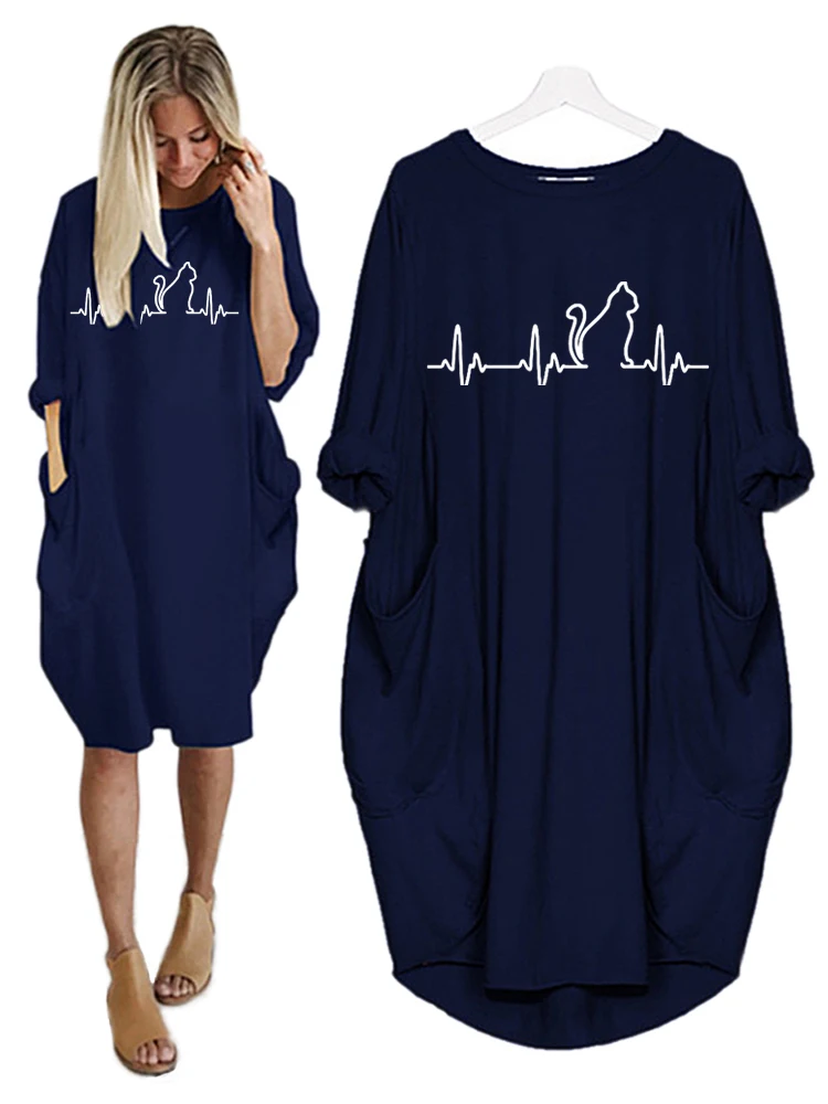 

Kawaii Woman Dress Cat Cartoon Casual Loose Dresses Long Sleeve Pocket Vestido Elegant Dress Women Retro Autumn Fashion Sundress