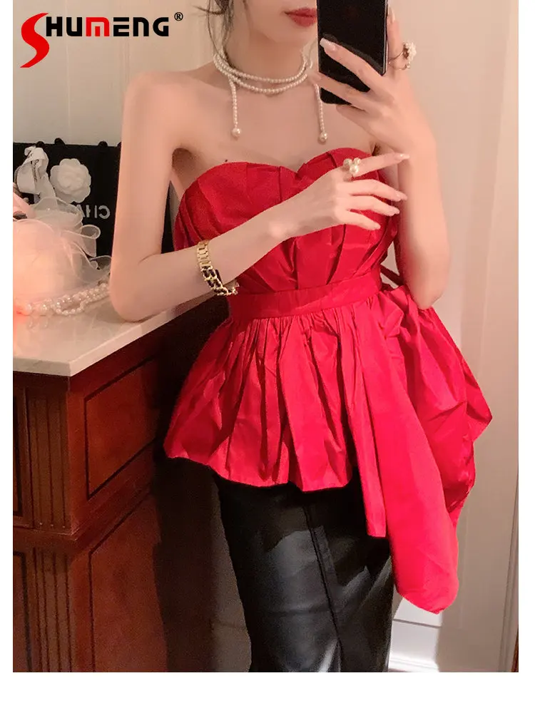 

New Ladies Fashion Sexy Sweet Simple Red Blouses Top Women's 2023 Spring Summer Elegant Pleated Irregular Backless Tube Shirt