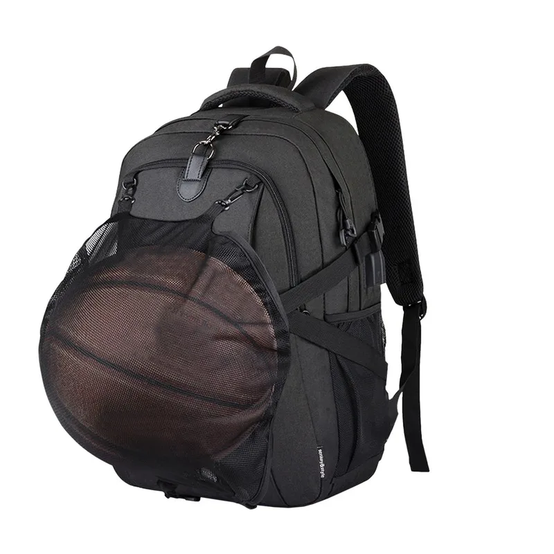 

Laptop Basketball Backpack with Concealed Mesh Ball Durable Waterproof Soft Oxford Cloth Men's School External USB Charging Port