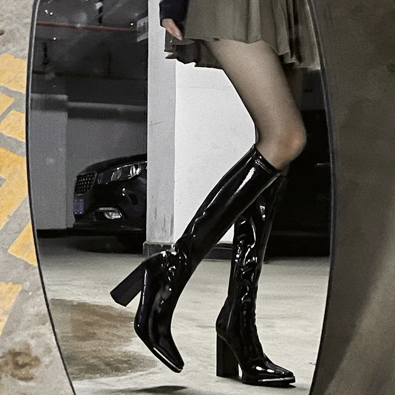 

RYAMAG осень/зима 2022 новые женские длинные сапоги на высоком каблуке лакированные кожаные сапоги с квадратным носком но до колена тонкие рыцар...