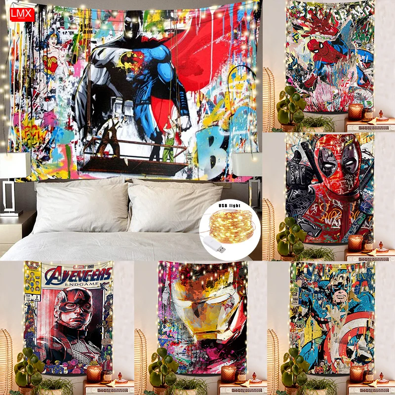 

Abstract Graffiti Marvel Superhero Tapestry Spiderman Captain America and Deadpool for Living Room Kids Bedroom Home Art Decor