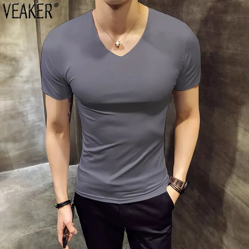 

2023NEW New Men's Summer Sexy Breathable T shirts Male Solid Color V-neck T Shirt Casual Short Sleeve Fitness tshirt Plus Si