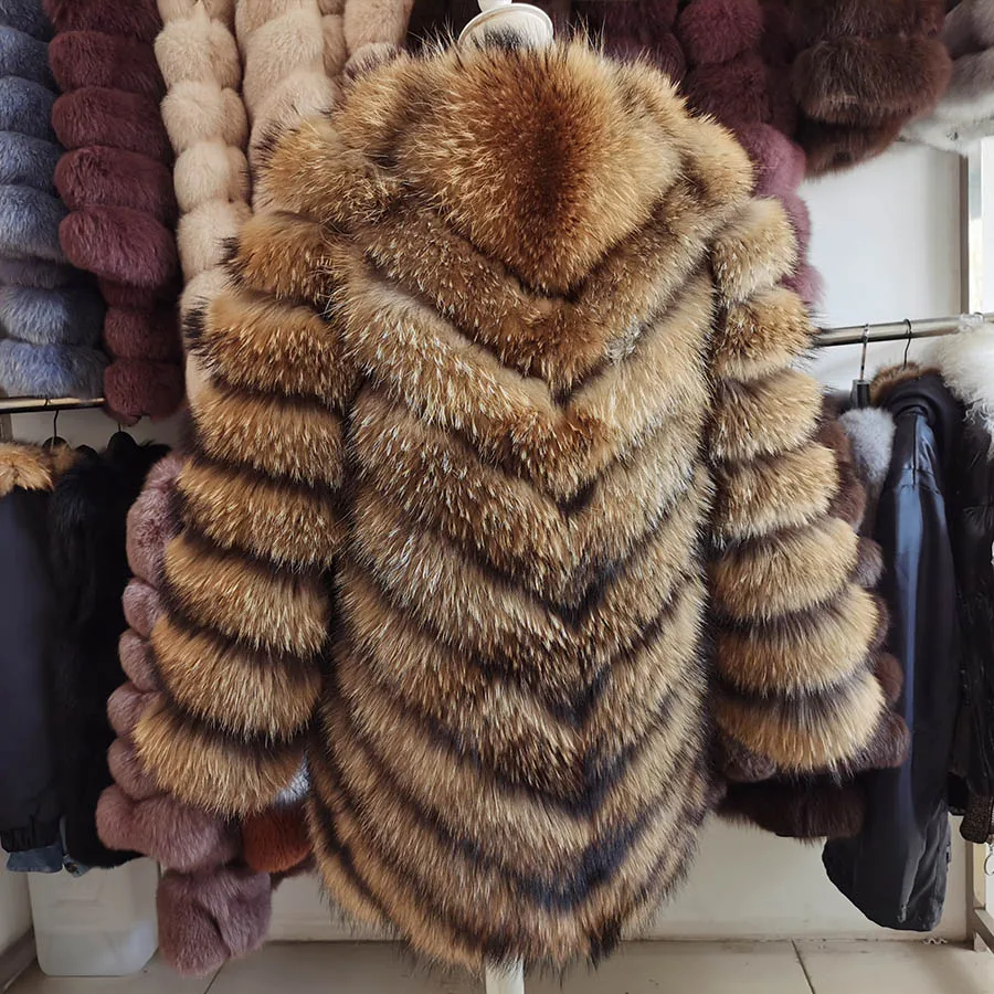 FURYOUME Winter Women Real Raccoon Fur Coat Long Natural Fur Jacket Warm Thicken Full Sleeve Ladies Fashion Outerwear Streetwear enlarge