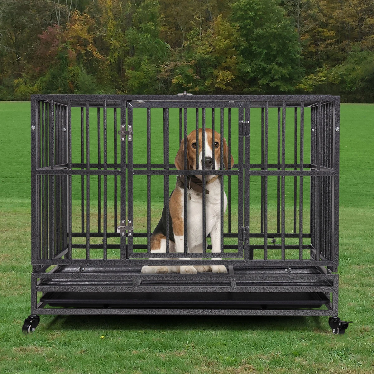 

Furrybaby Heavy Duty Metal Dog Kennel Cage Crate with 4 Universal Wheels Openable Flat Top and Front Door Black