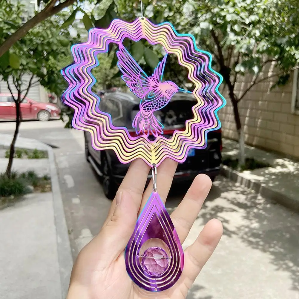 

3D Rotating Hummingbird Wind Chime Stained Glass Pendant Garden Spinner Wall Outdoor Decor Windmill Home Hanging Spinning W W7S1