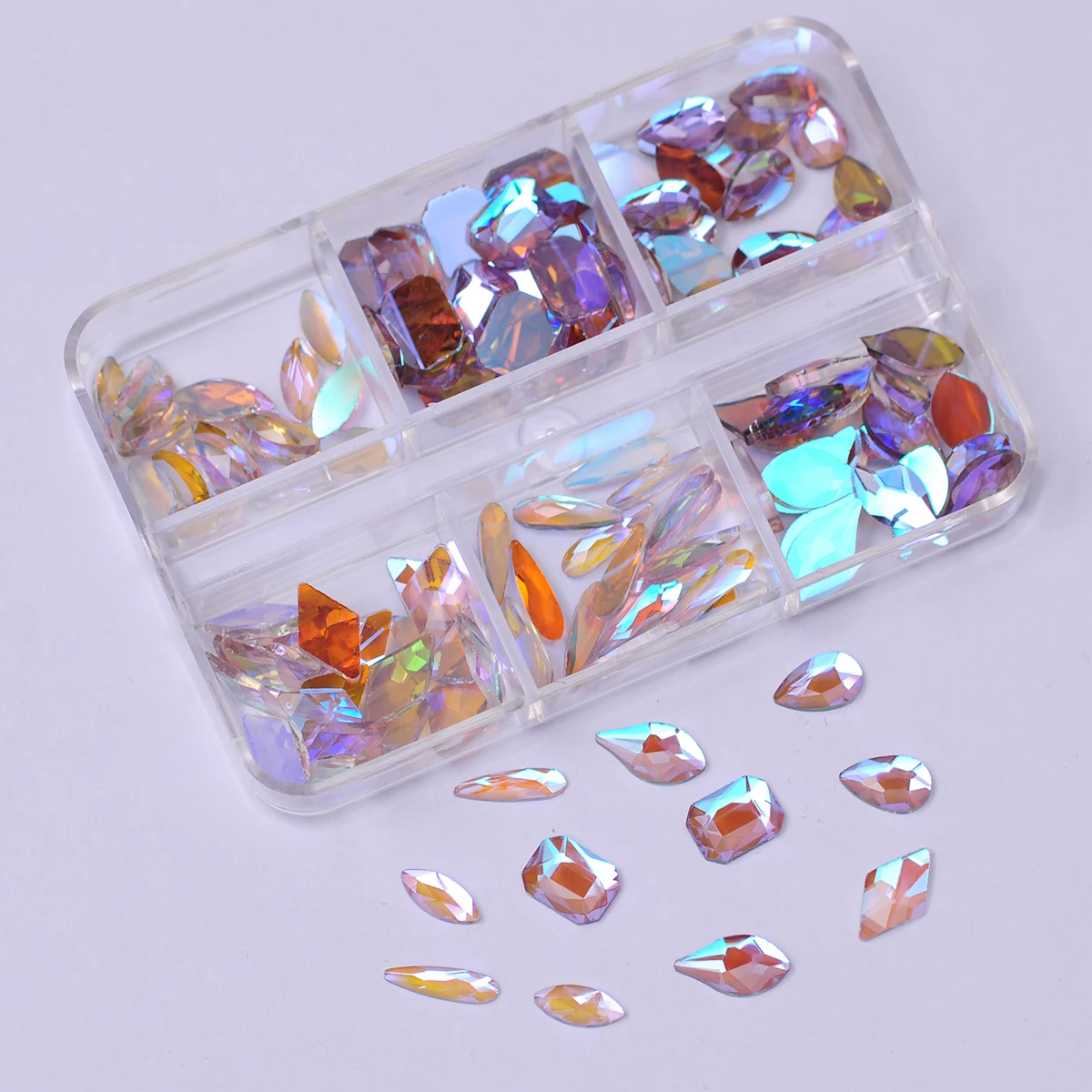

Прозрачные фиолетовые 6 ячеек/коробка, 120 шт., смешанные формы, подвески для ногтей, аксессуары, блестящие драгоценные камни с плоским дном, 3D искусственное украшение