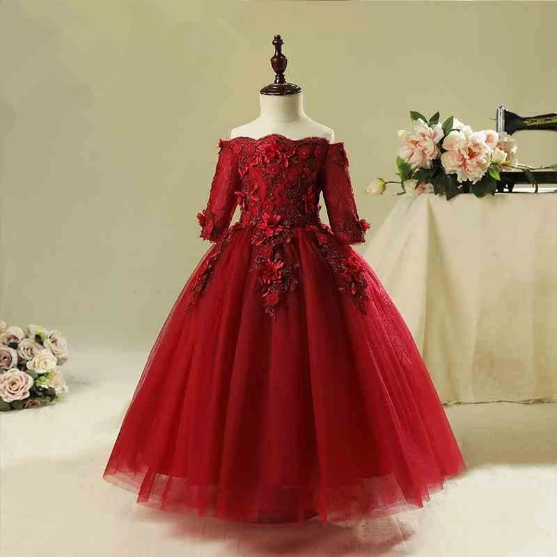 

Платье для девочки с длинным рукавом и цветочным принтом на свадьбу, платье принцессы в пол для детей, Тюлевое детское рождественское церемониальное платье